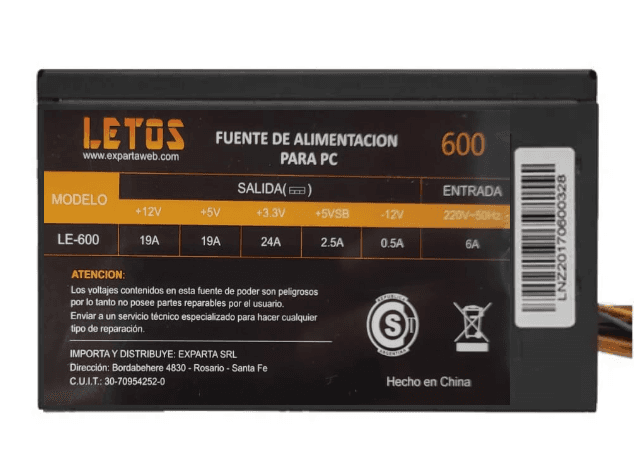 Fuente Letos 600W 1x24 Pin (LE-600)